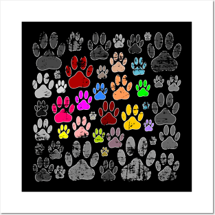 Colorful Distressed Dog Paw Prints On Gray Posters and Art